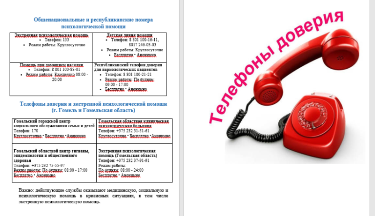 Общенациональные и республиканские номера психологической помощи